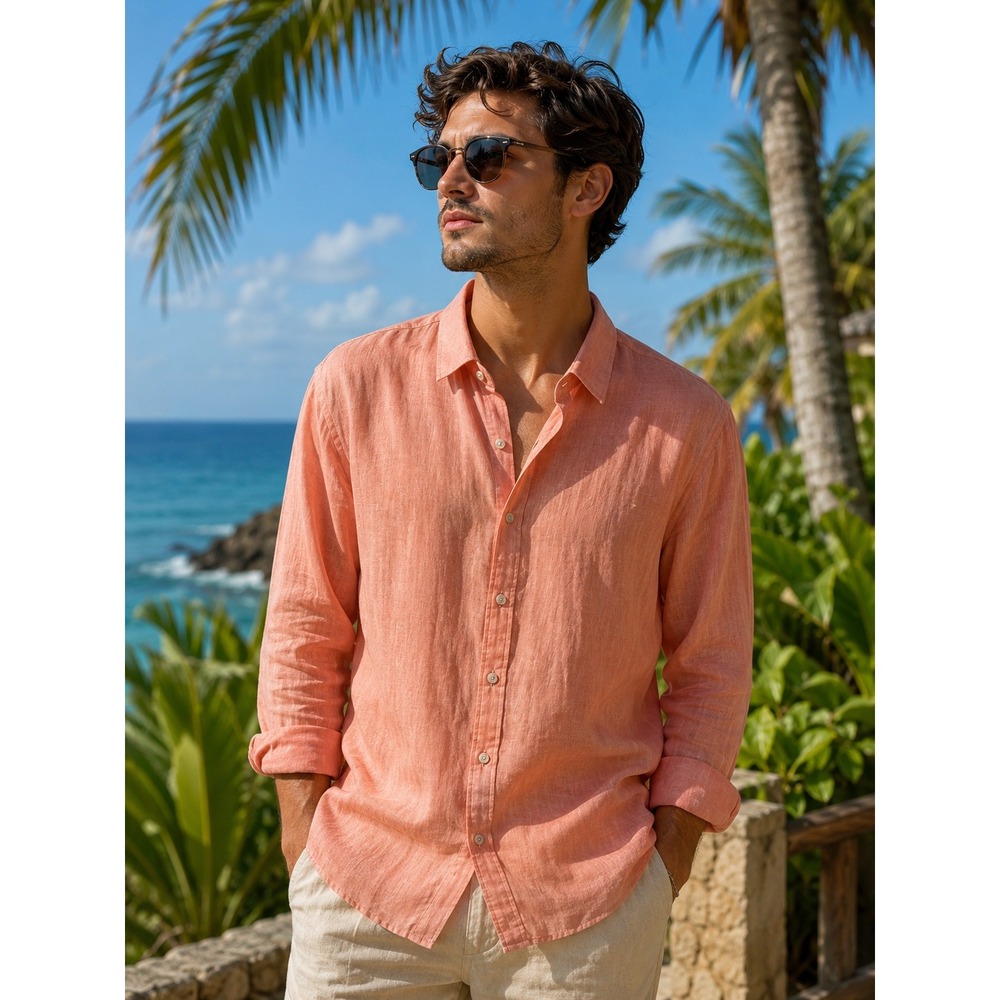 98 Coast Av. Mens Coral Peach 100% Linen Long Sleeve Button Down Shirt XL